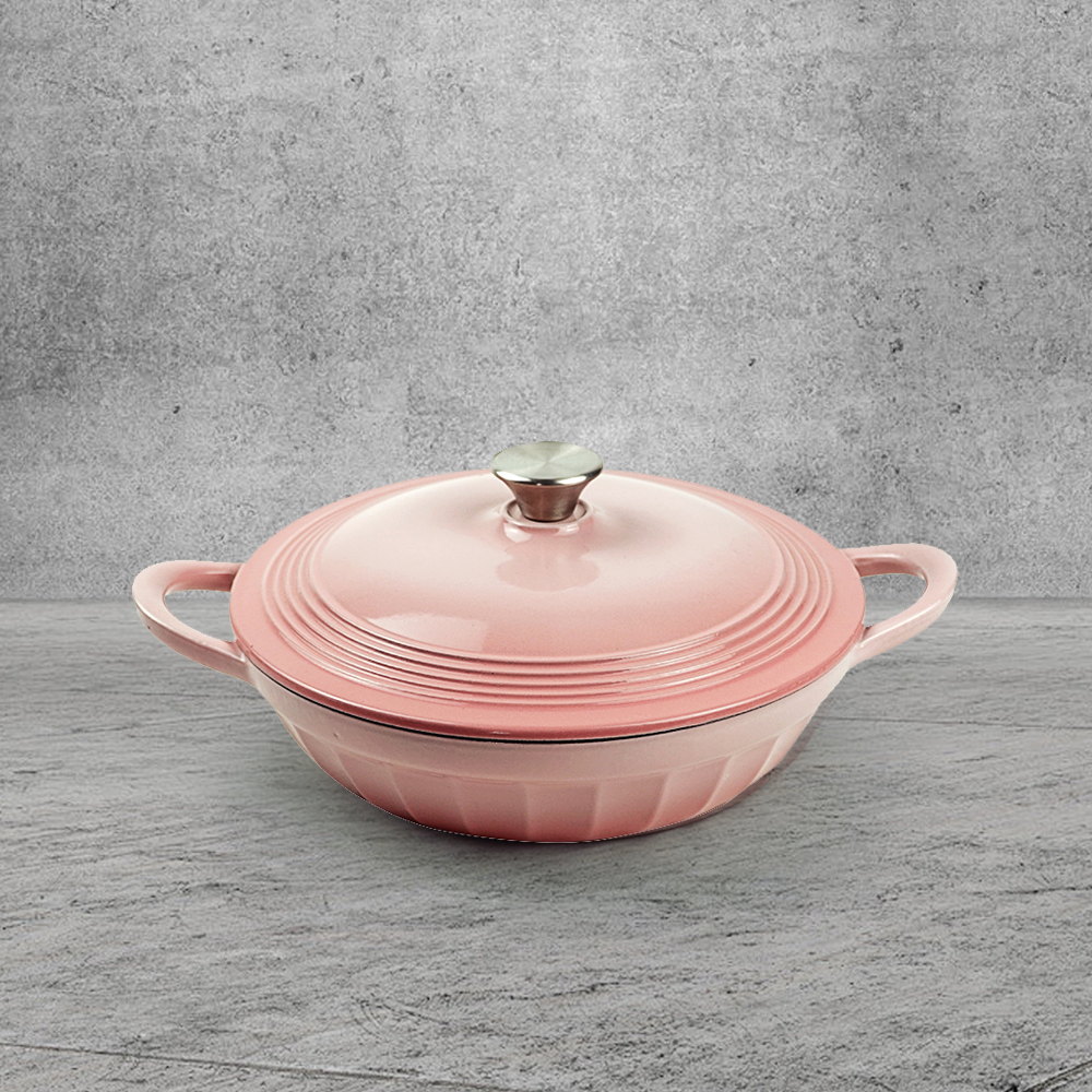 Enamel cast iron shallow small Dutch baking pan with lid, suitable for baking, stewing, frying and soups - can be washed in the dishwasher