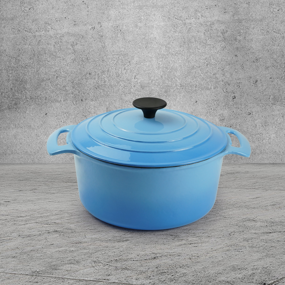 Cast iron enamel Dutch baking pan with lid, with double handles, for bread baking, cooking, non-stick enamel-coated cookware (blue)