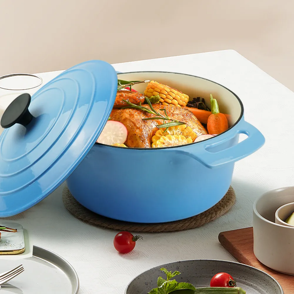 Cast iron enamel Dutch baking pan with lid, with double handles, for bread baking, cooking, non-stick enamel-coated cookware (blue)