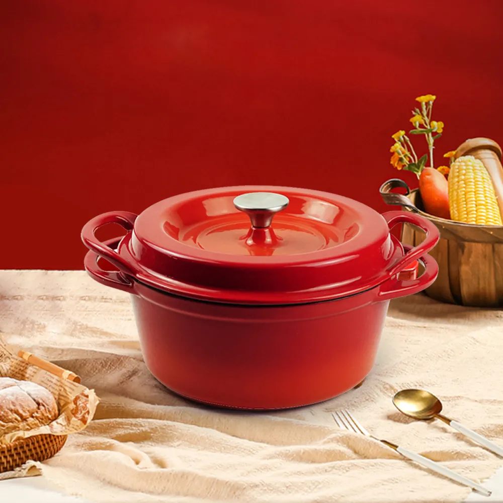 Enamel cast iron Dutch baking pan with lid, sourdough bread baking pan, enamel-coated cookware in red