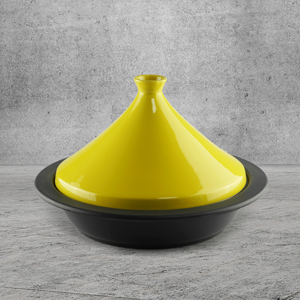 Moroccan tagine pot, enamel cast iron cooking pot with ceramic conical closed lid