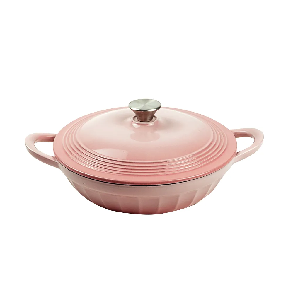 Enamel cast iron shallow small Dutch baking pan with lid, suitable for baking, stewing, frying and soups - can be washed in the dishwasher