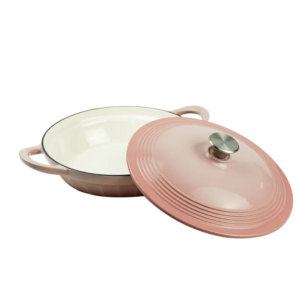 Enamel cast iron shallow small Dutch baking pan with lid, suitable for baking, stewing, frying and soups - can be washed in the dishwasher