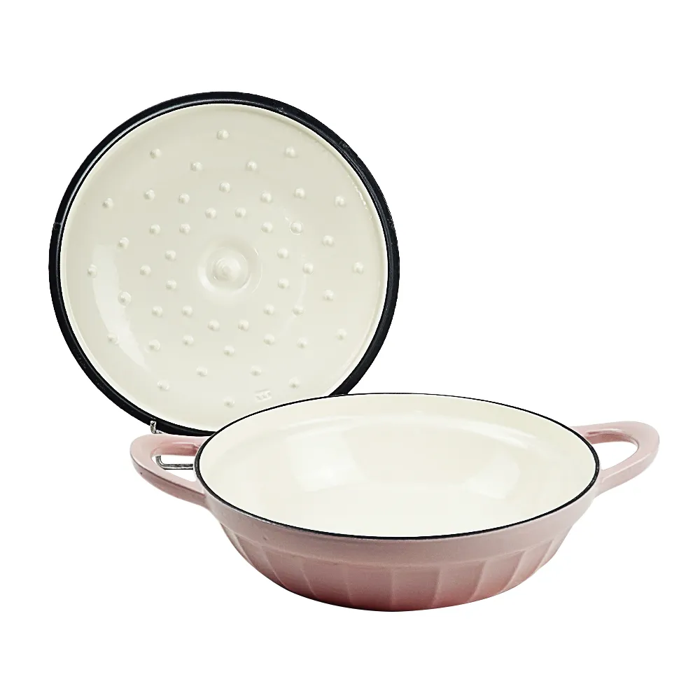 Enamel cast iron shallow small Dutch baking pan with lid, suitable for baking, stewing, frying and soups - can be washed in the dishwasher