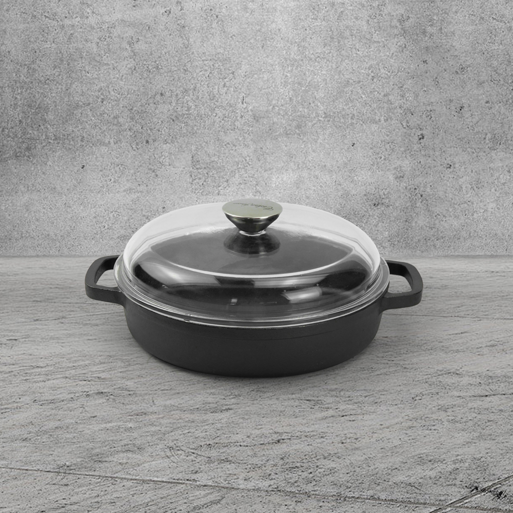 High Quality Pre-Seasoned Cast Iron Skillet Pan Eco-Friendly Glass Lid Two Side Handles Modern Design for Frying Cooking Wok