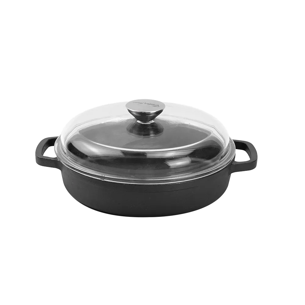 High Quality Pre-Seasoned Cast Iron Skillet Pan Eco-Friendly Glass Lid Two Side Handles Modern Design for Frying Cooking Wok