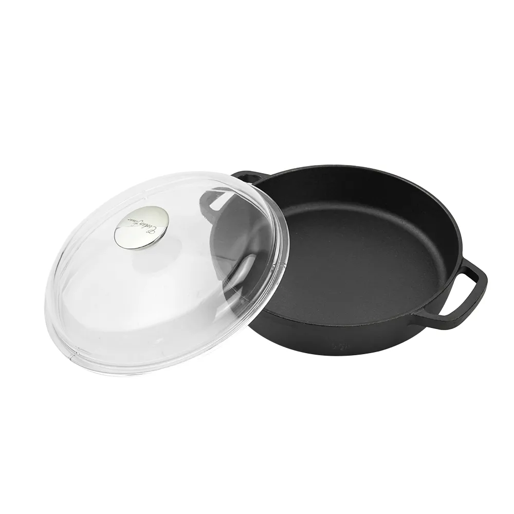 High Quality Pre-Seasoned Cast Iron Skillet Pan Eco-Friendly Glass Lid Two Side Handles Modern Design for Frying Cooking Wok