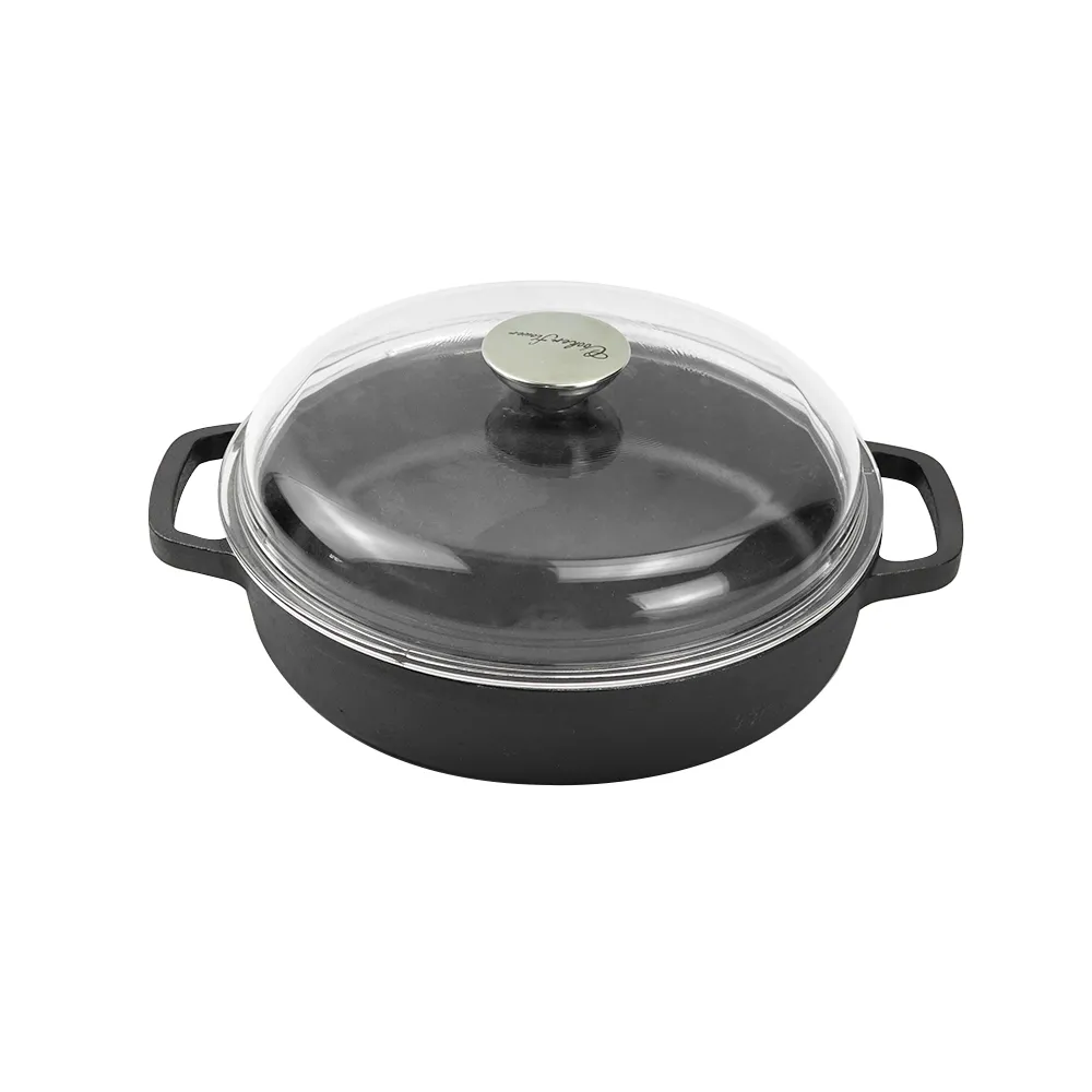High Quality Pre-Seasoned Cast Iron Skillet Pan Eco-Friendly Glass Lid Two Side Handles Modern Design for Frying Cooking Wok