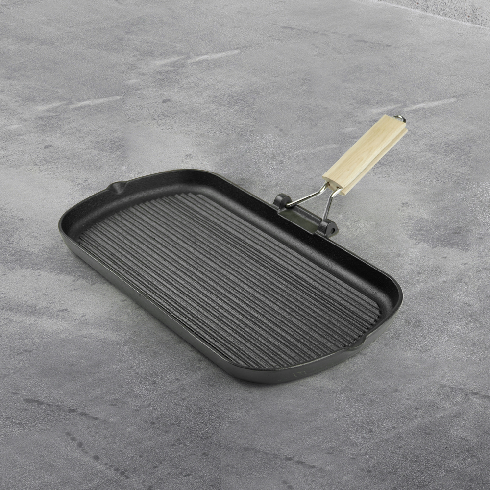 Cast iron baking pan with folding handle, rectangular, steak pan with wooden handle, non-stick frying pan