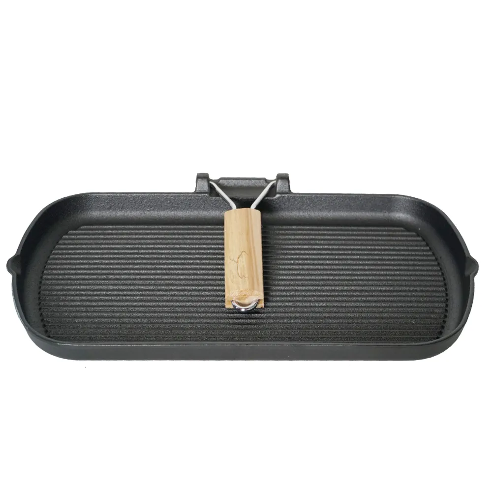 Cast iron baking pan with folding handle, rectangular, steak pan with wooden handle, non-stick frying pan