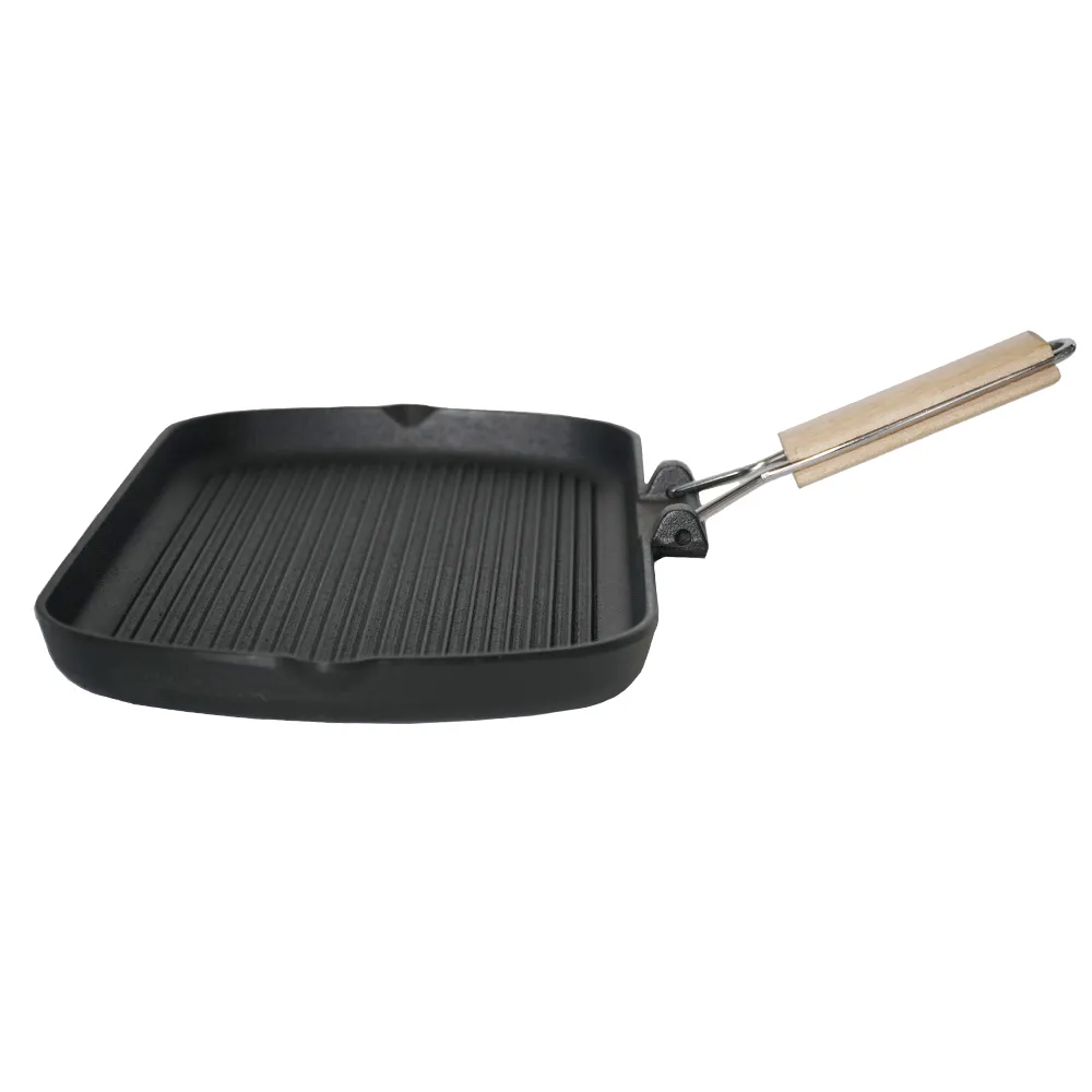 Cast iron baking pan with folding handle, rectangular, steak pan with wooden handle, non-stick frying pan