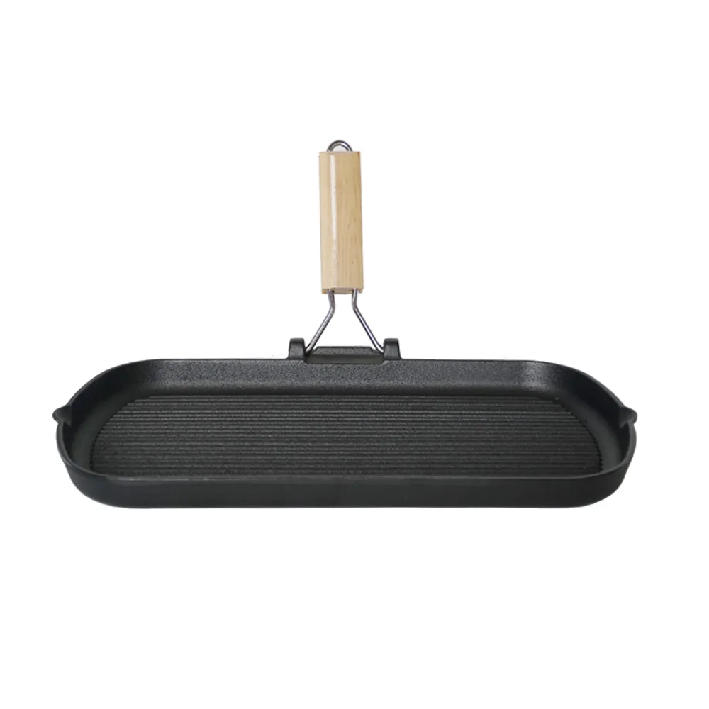Cast iron baking pan with folding handle, rectangular, steak pan with wooden handle, non-stick frying pan
