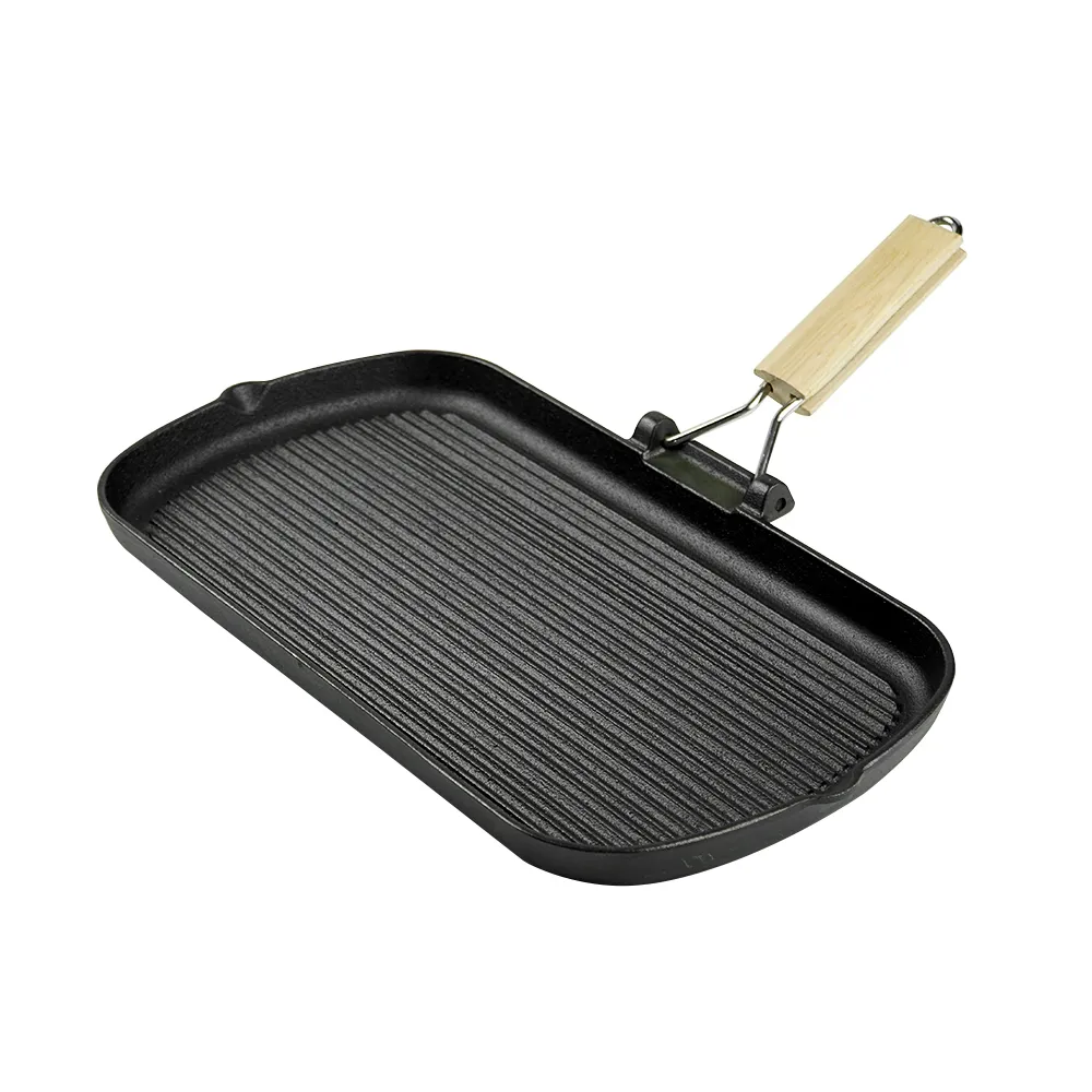Cast iron baking pan with folding handle, rectangular, steak pan with wooden handle, non-stick frying pan