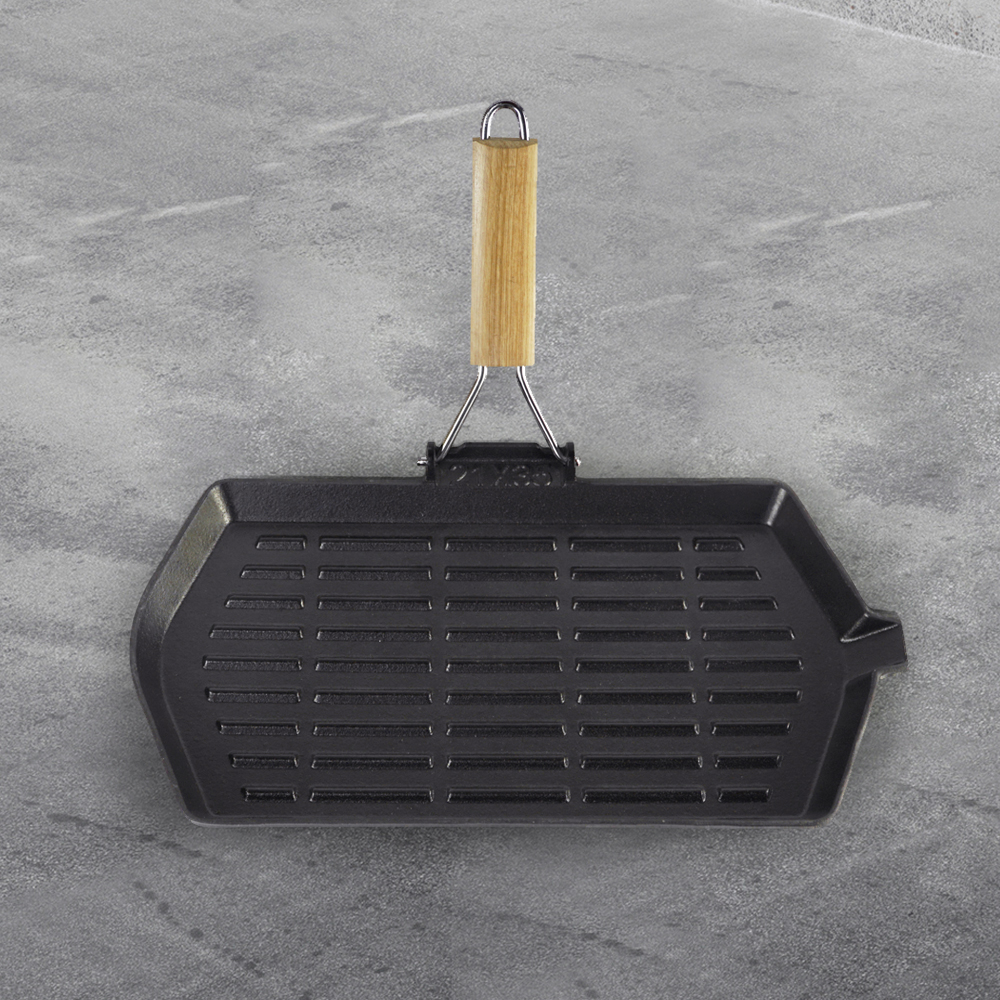 Non-stick ribbed flat pan made of cast iron with folding handle, suitable for stoves and grills (large rectangular pan)