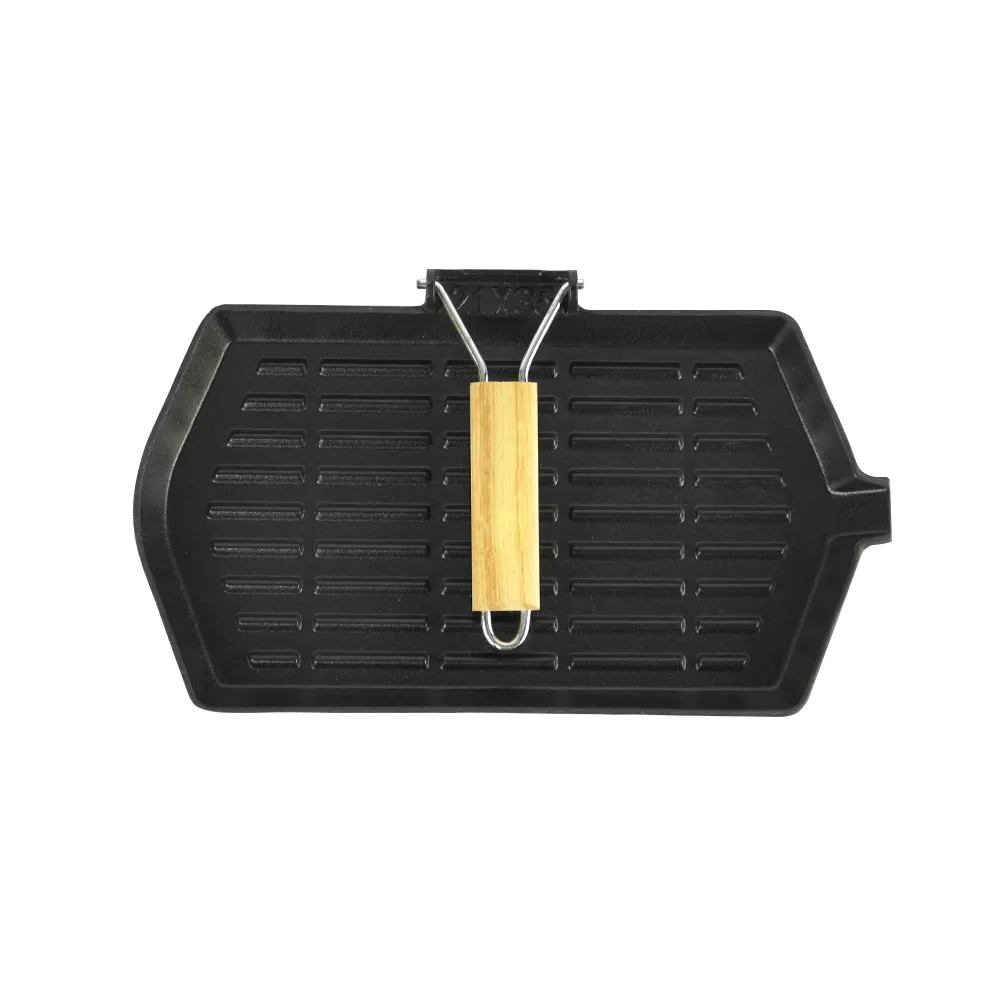 Non-stick ribbed flat pan made of cast iron with folding handle, suitable for stoves and grills (large rectangular pan)