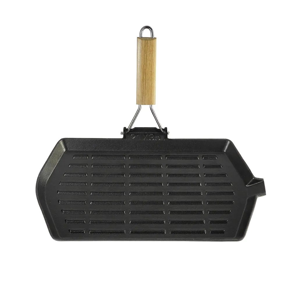 Non-stick ribbed flat pan made of cast iron with folding handle, suitable for stoves and grills (large rectangular pan)