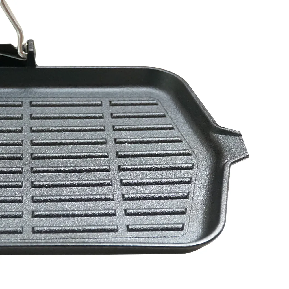 Non-stick ribbed flat pan made of cast iron with folding handle, suitable for stoves and grills (large rectangular pan)