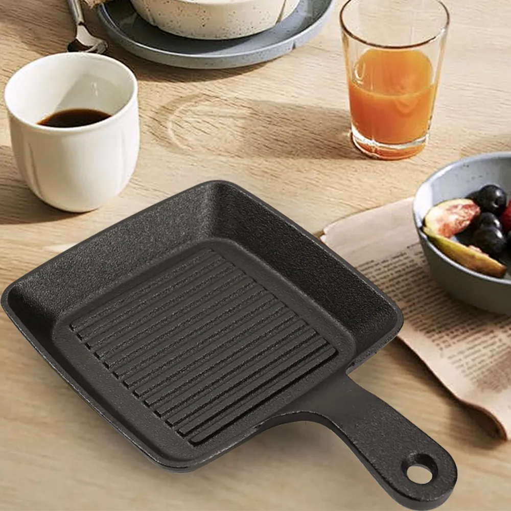 Mini black cast iron frying pan set, square flat pan small frying pan