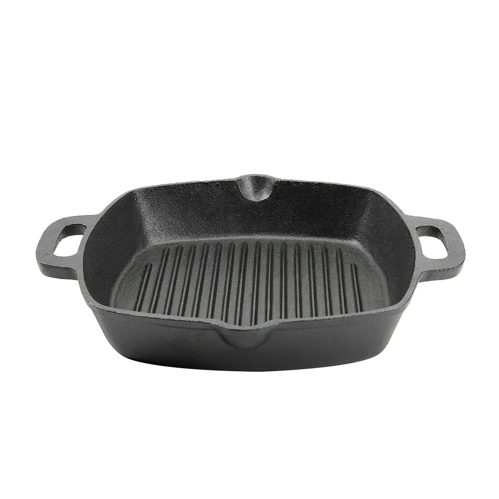 The square cast iron barbecue grill has an easy-to-drain grease outlet with a large ring-shaped handle