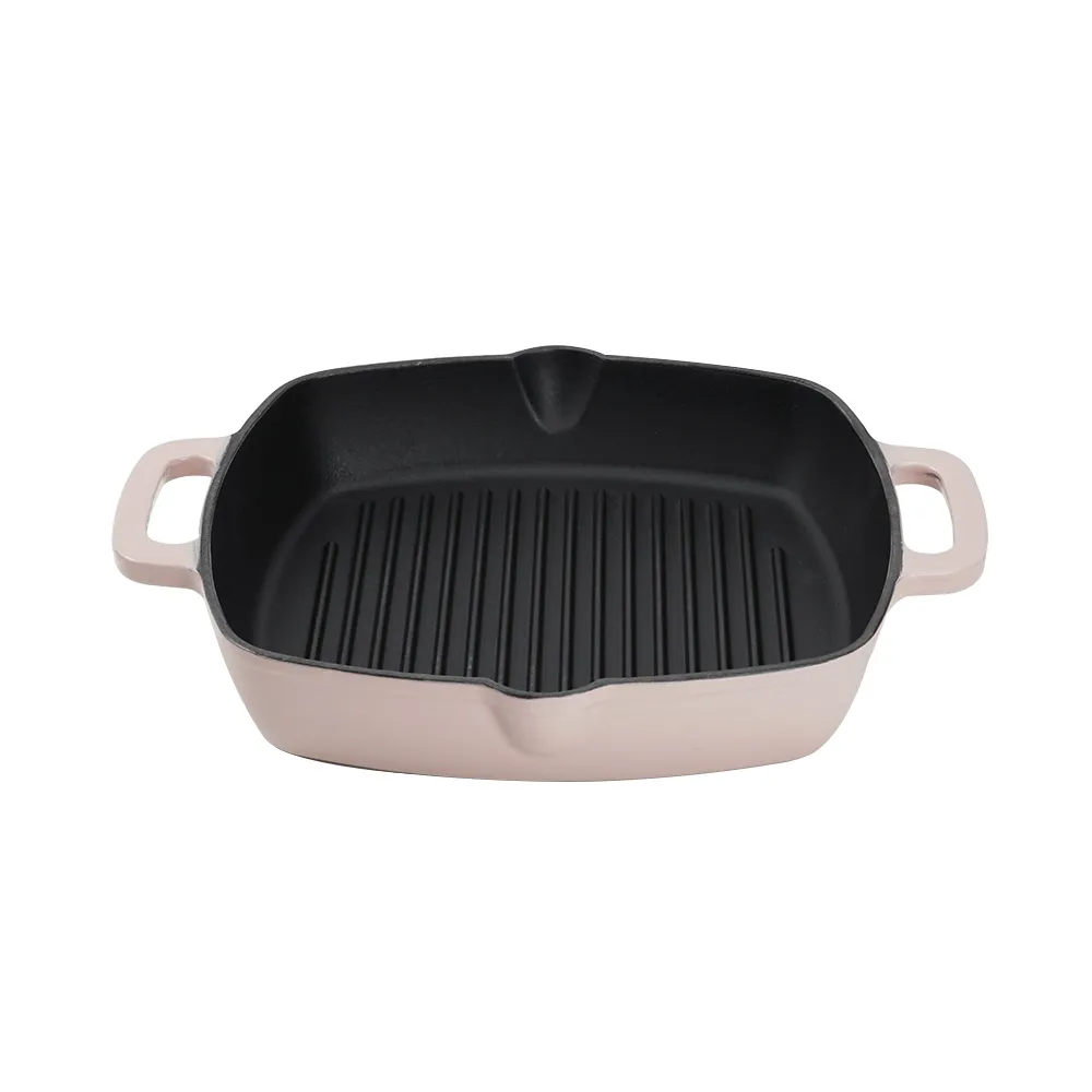 The square cast iron barbecue grill has an easy-to-drain grease outlet with a large ring-shaped handle