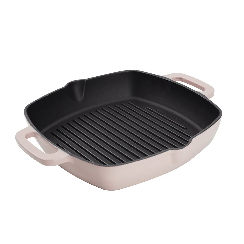 The square cast iron barbecue grill has an easy-to-drain grease outlet with a large ring-shaped handle