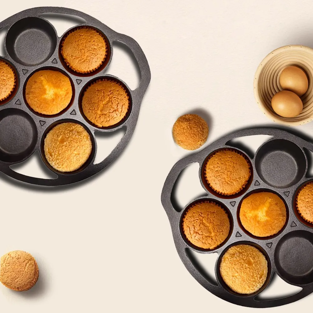7-hole cast iron cookie baking tray, muffin baking tray with handle, suitable for muffins and scones