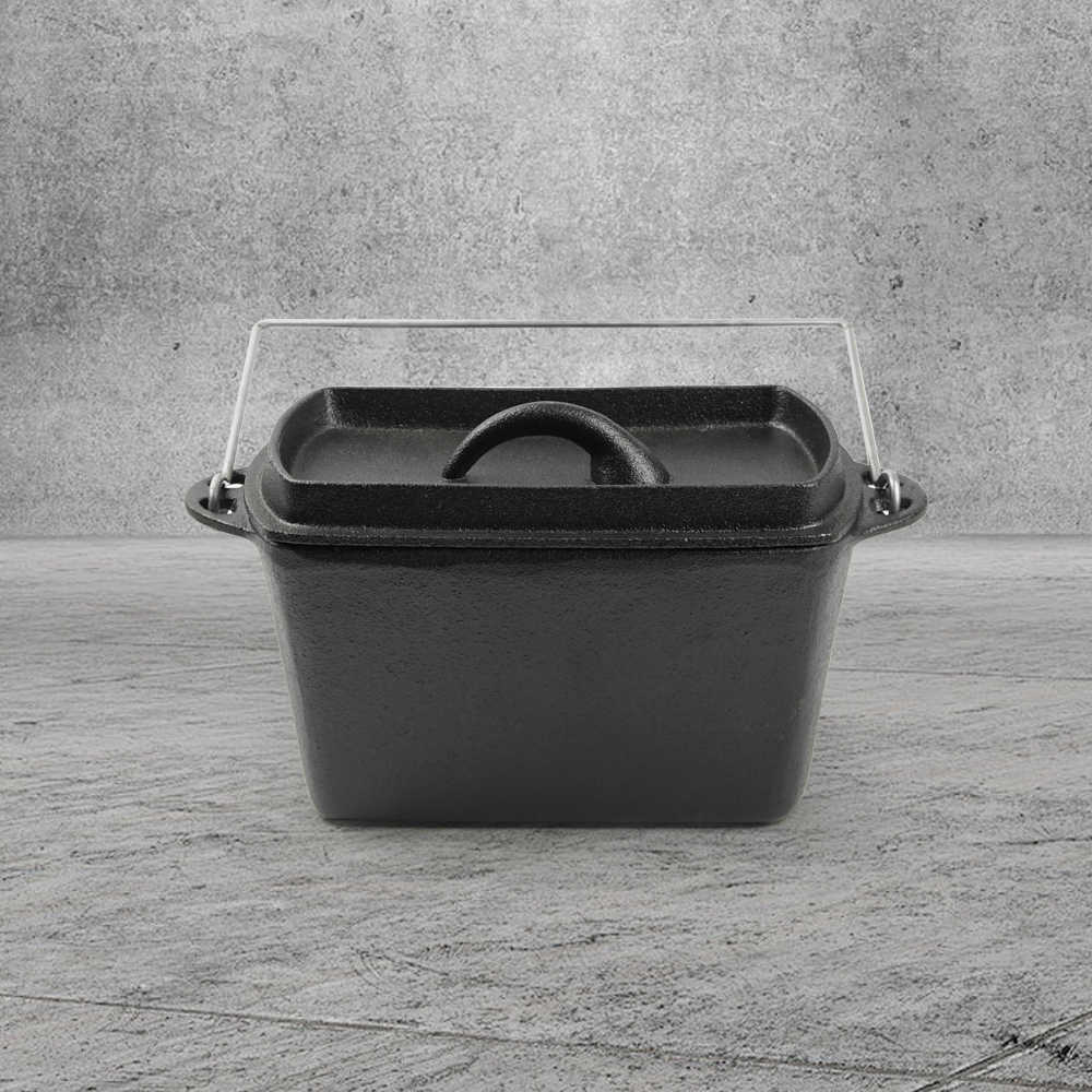 Rectangular cast-iron bread baking tray with handle and lid