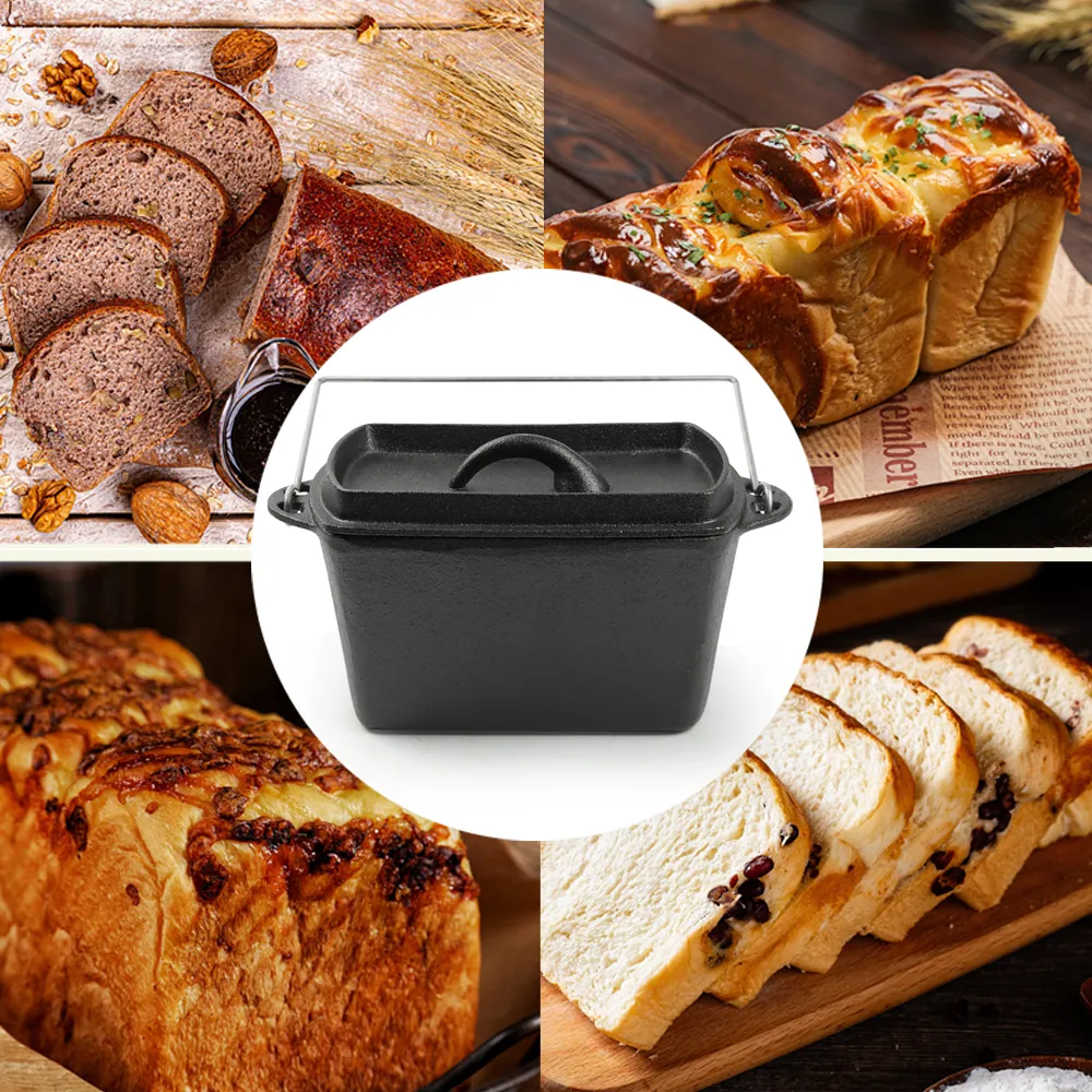 Rectangular cast-iron bread baking tray with handle and lid