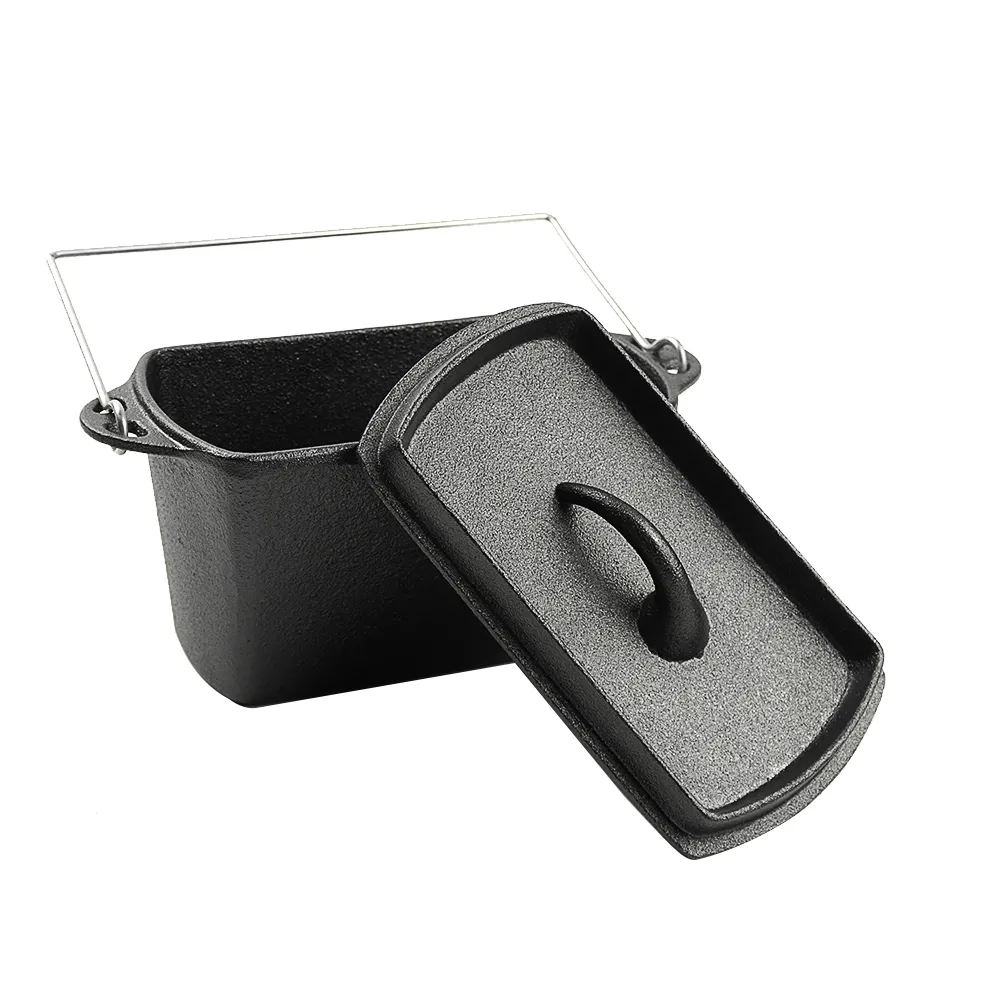 Rectangular cast-iron bread baking tray with handle and lid