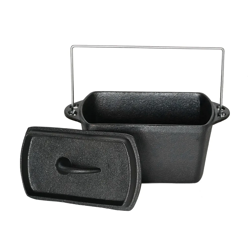 Rectangular cast-iron bread baking tray with handle and lid