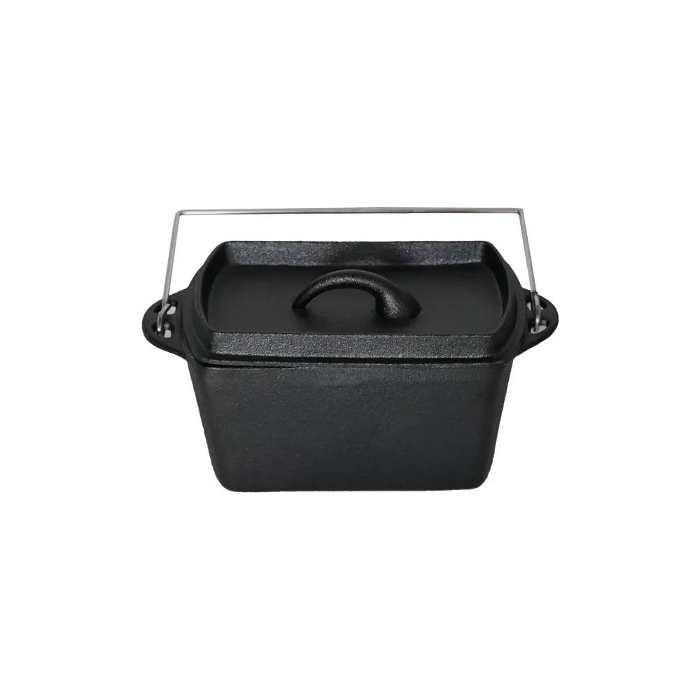 Rectangular cast-iron bread baking tray with handle and lid