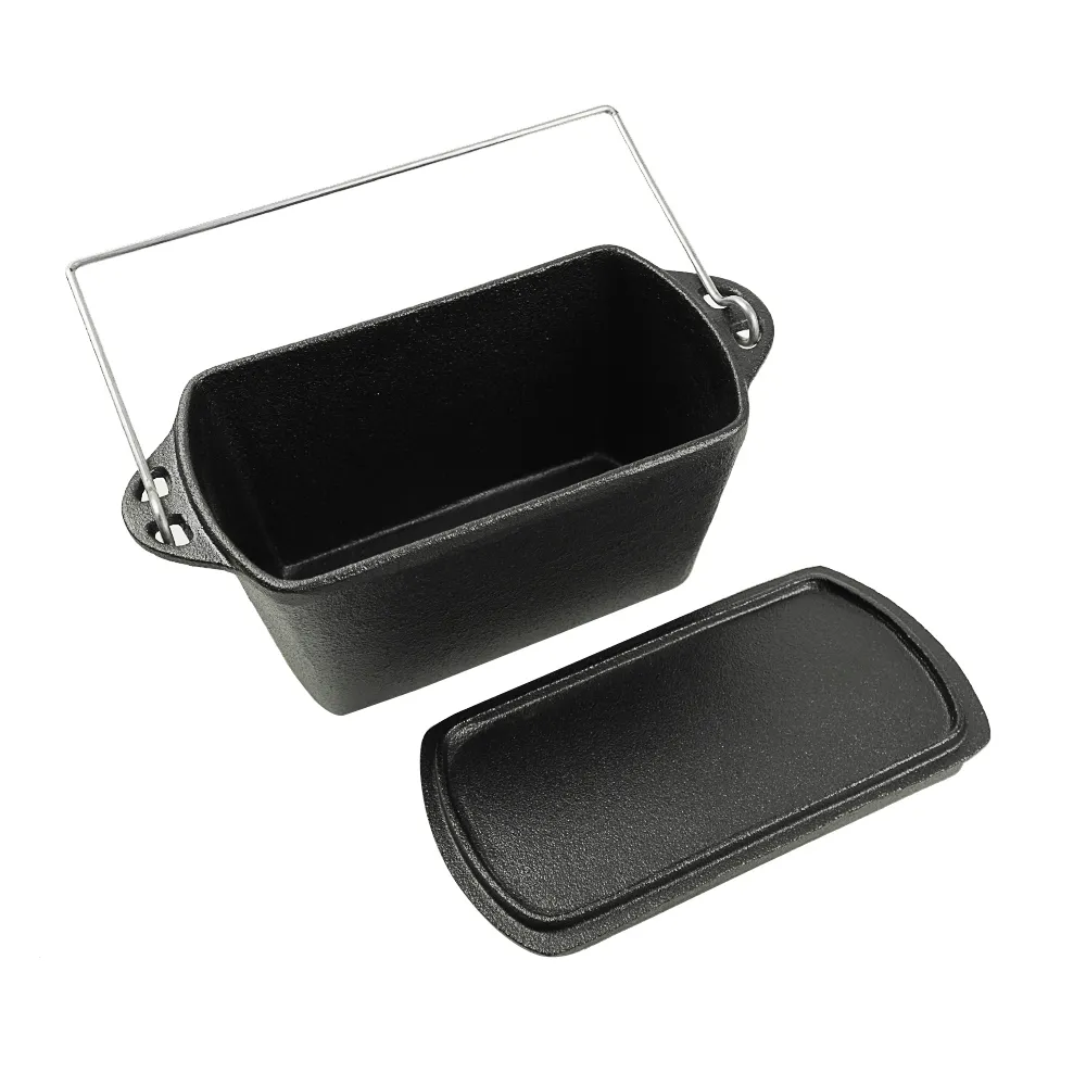 Rectangular cast-iron bread baking tray with handle and lid