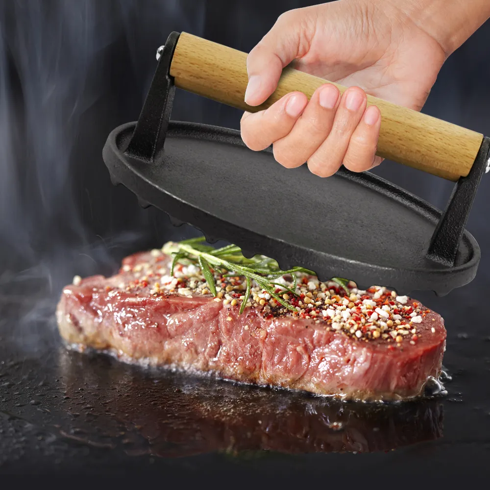 Pre-treated cast iron hamburger press - heavy-duty press suitable for barbecues, meats, grilled cheeses, and panini - Round wooden handle