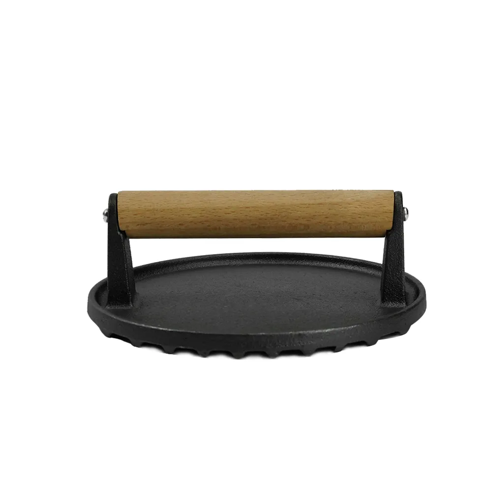 Pre-treated cast iron hamburger press - heavy-duty press suitable for barbecues, meats, grilled cheeses, and panini - Round wooden handle