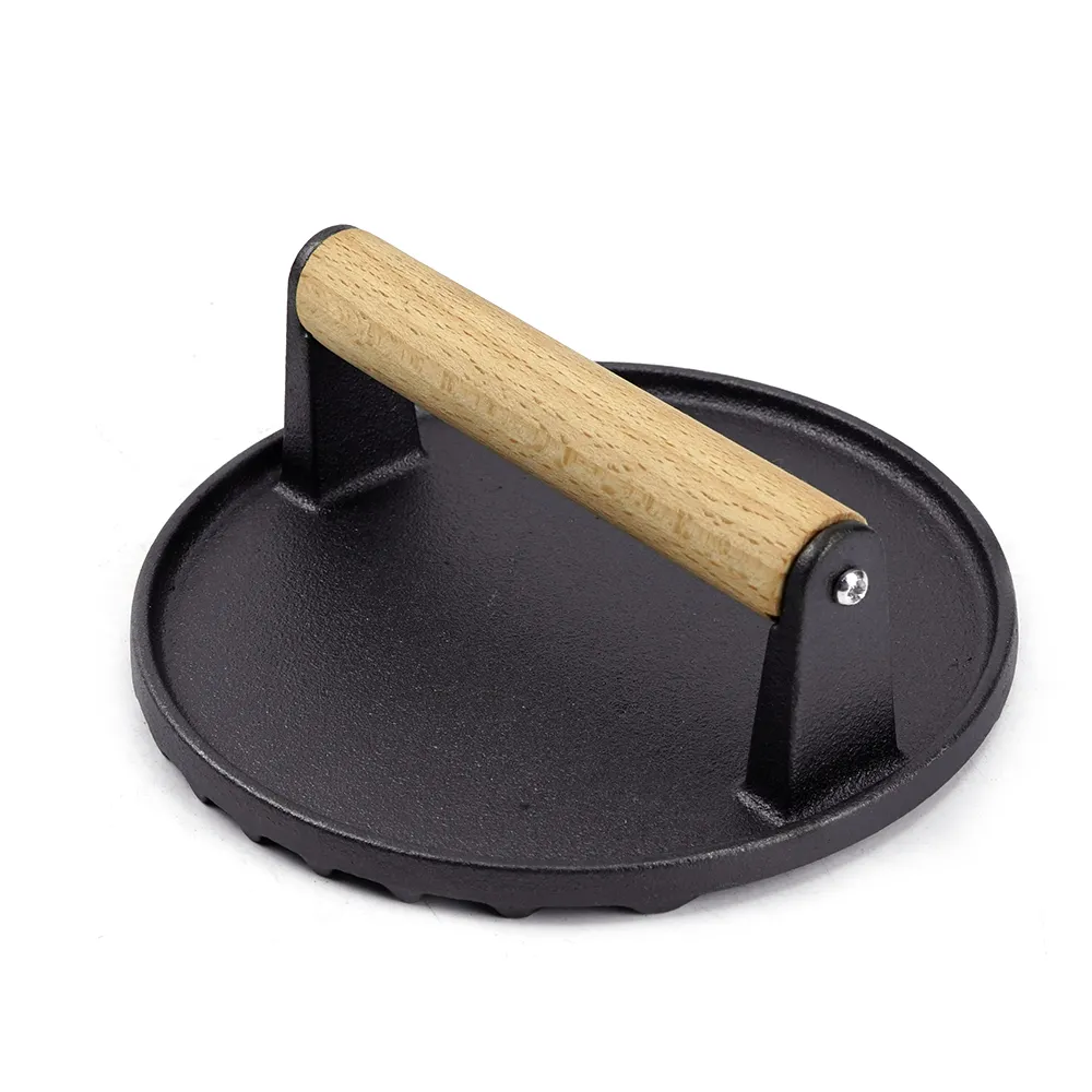 Pre-treated cast iron hamburger press - heavy-duty press suitable for barbecues, meats, grilled cheeses, and panini - Round wooden handle