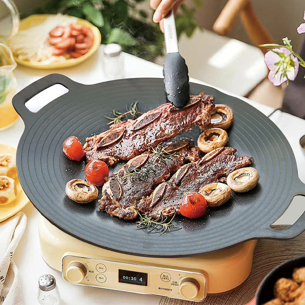 Korean-style grill, round cast iron barbecue grill, suitable for indoor and outdoor camping parties