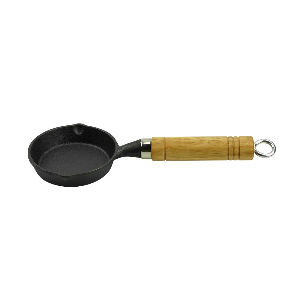 Mini cast iron frying pan, round non-stick pan, 2 gates, portable small egg pan with hanging wooden handle