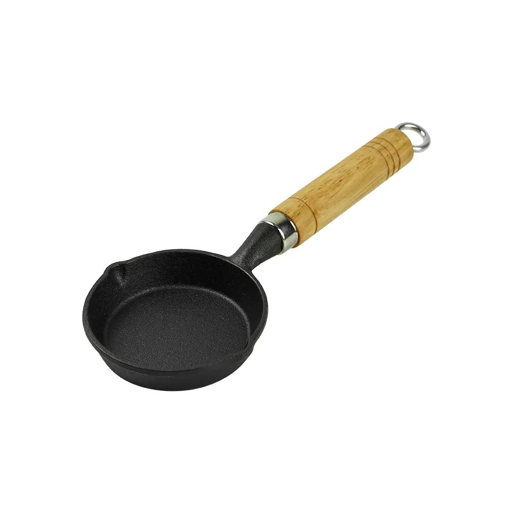 Mini cast iron frying pan, round non-stick pan, 2 gates, portable small egg pan with hanging wooden handle