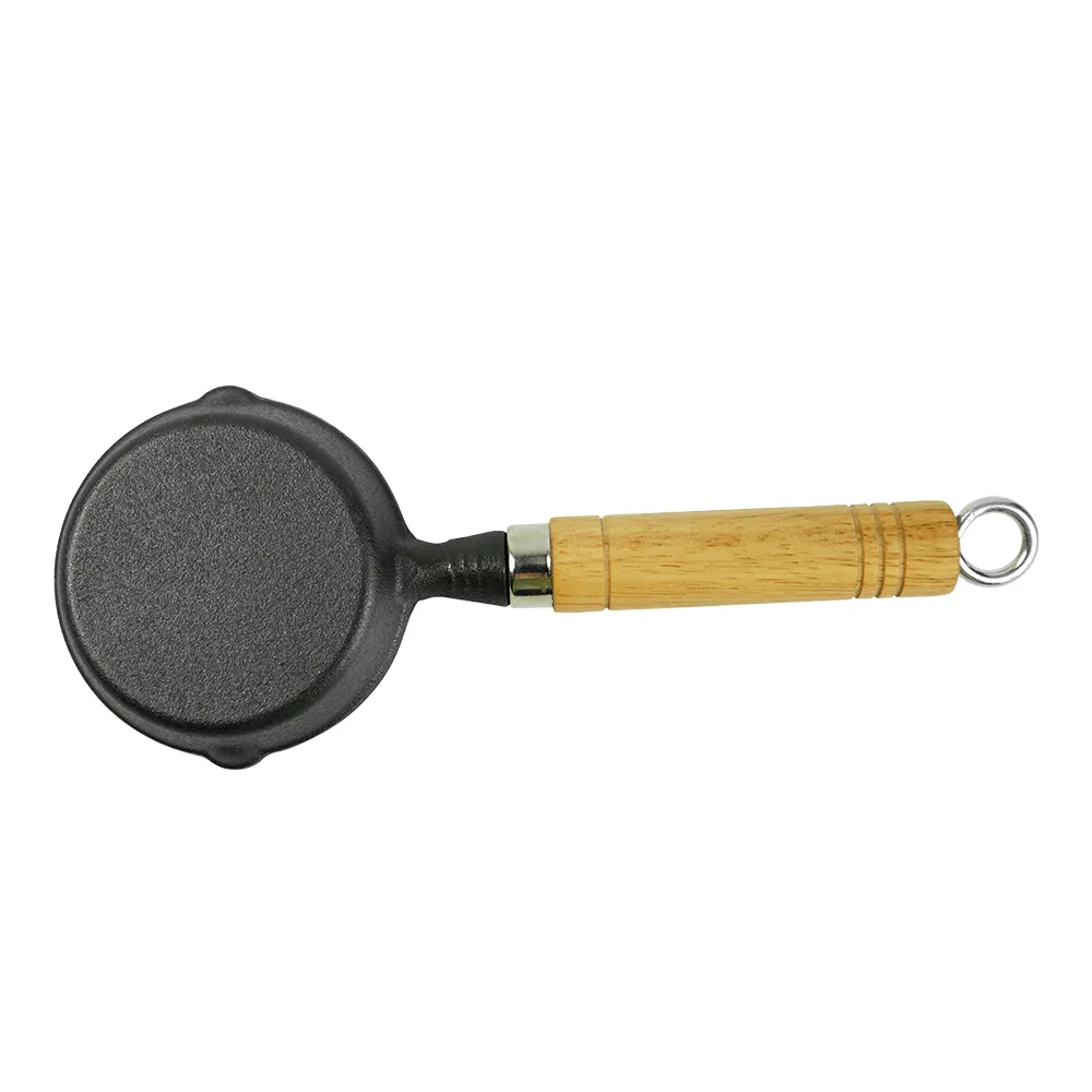 Mini cast iron frying pan, round non-stick pan, 2 gates, portable small egg pan with hanging wooden handle