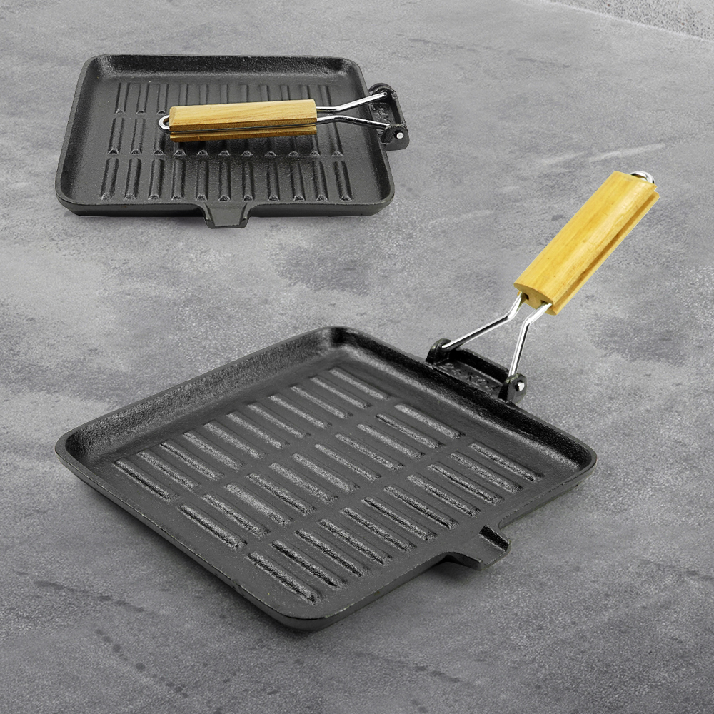 Pre-treated cast iron square baking pan, folding handle with split port, steak pan for steak and hamburgers