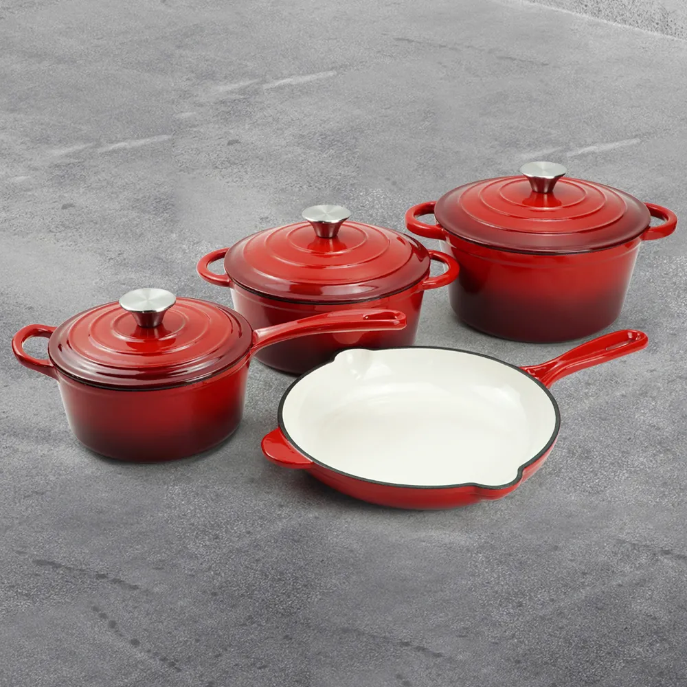 Enamel cast iron cookware set, 7 pieces of POTS with LIDS, frying pan, stew pot (gradient red)