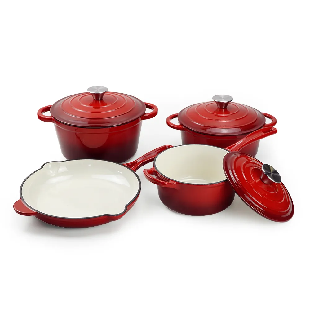 Enamel cast iron cookware set, 7 pieces of POTS with LIDS, frying pan, stew pot (gradient red)