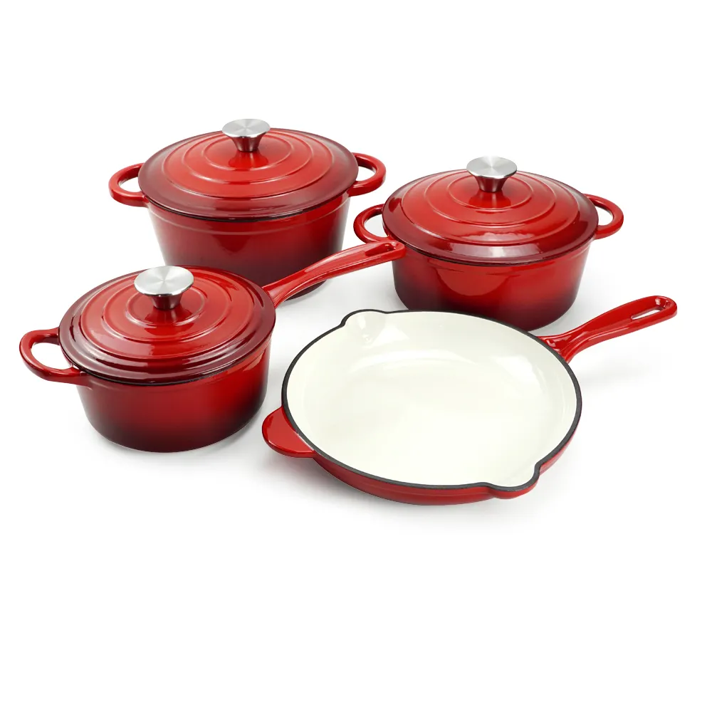 Enamel cast iron cookware set, 7 pieces of POTS with LIDS, frying pan, stew pot (gradient red)