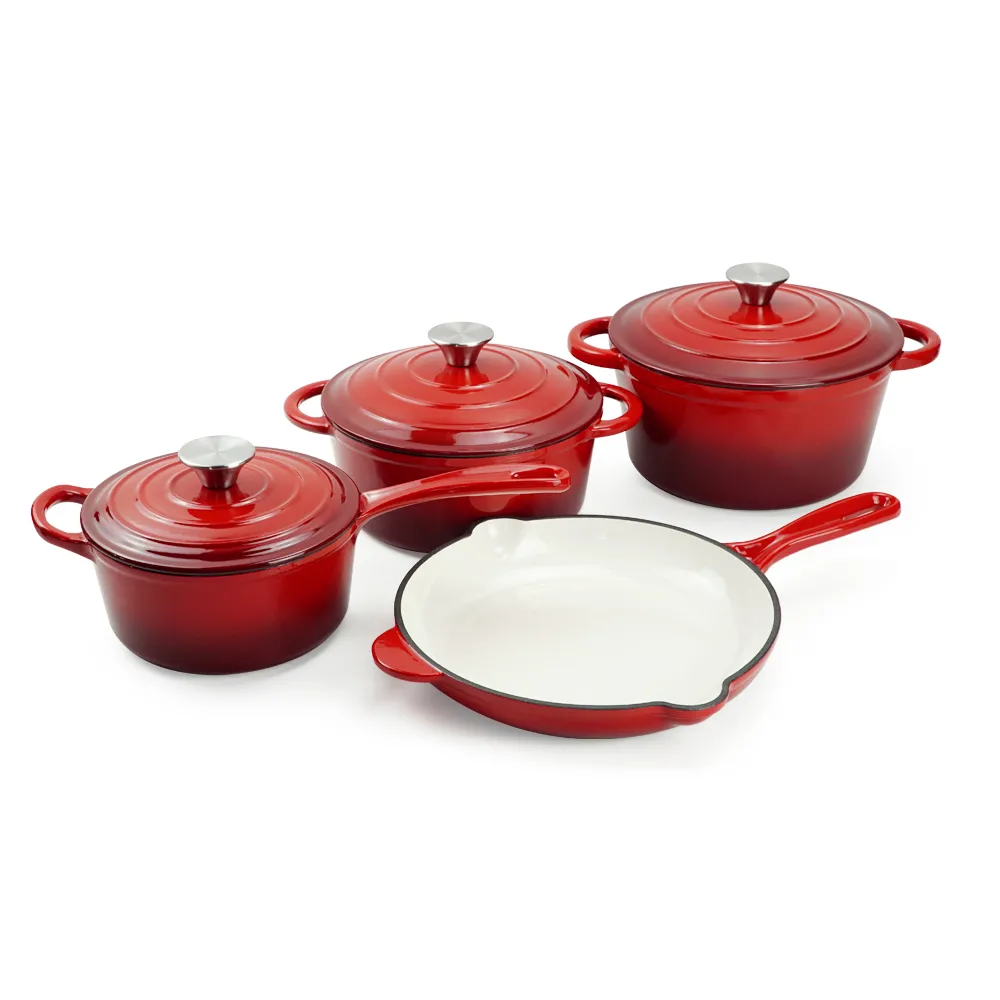 Enamel cast iron cookware set, 7 pieces of POTS with LIDS, frying pan, stew pot (gradient red)