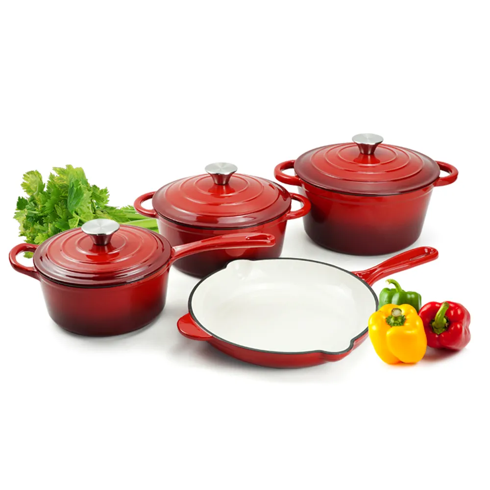 Enamel cast iron cookware set, 7 pieces of POTS with LIDS, frying pan, stew pot (gradient red)