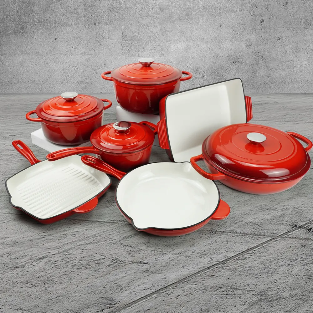 Enamel cast iron cookware set,11 pieces of cookware with LIDS, frying pan, stew pot, healthy Dutch oven