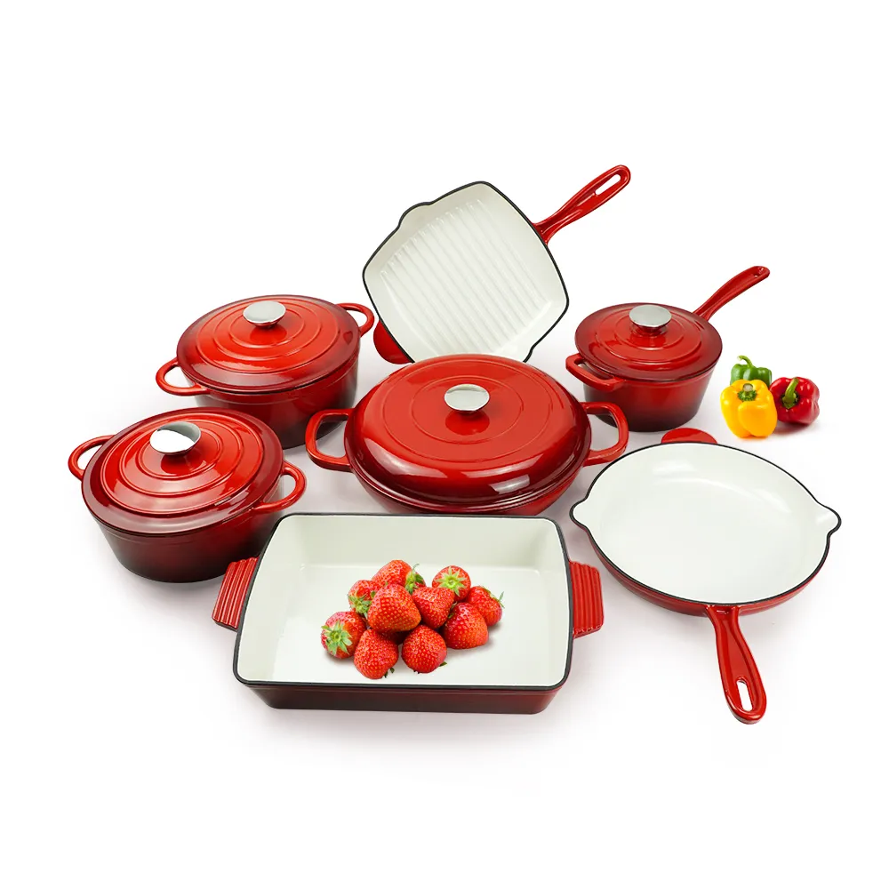 Enamel cast iron cookware set,11 pieces of cookware with LIDS, frying pan, stew pot, healthy Dutch oven