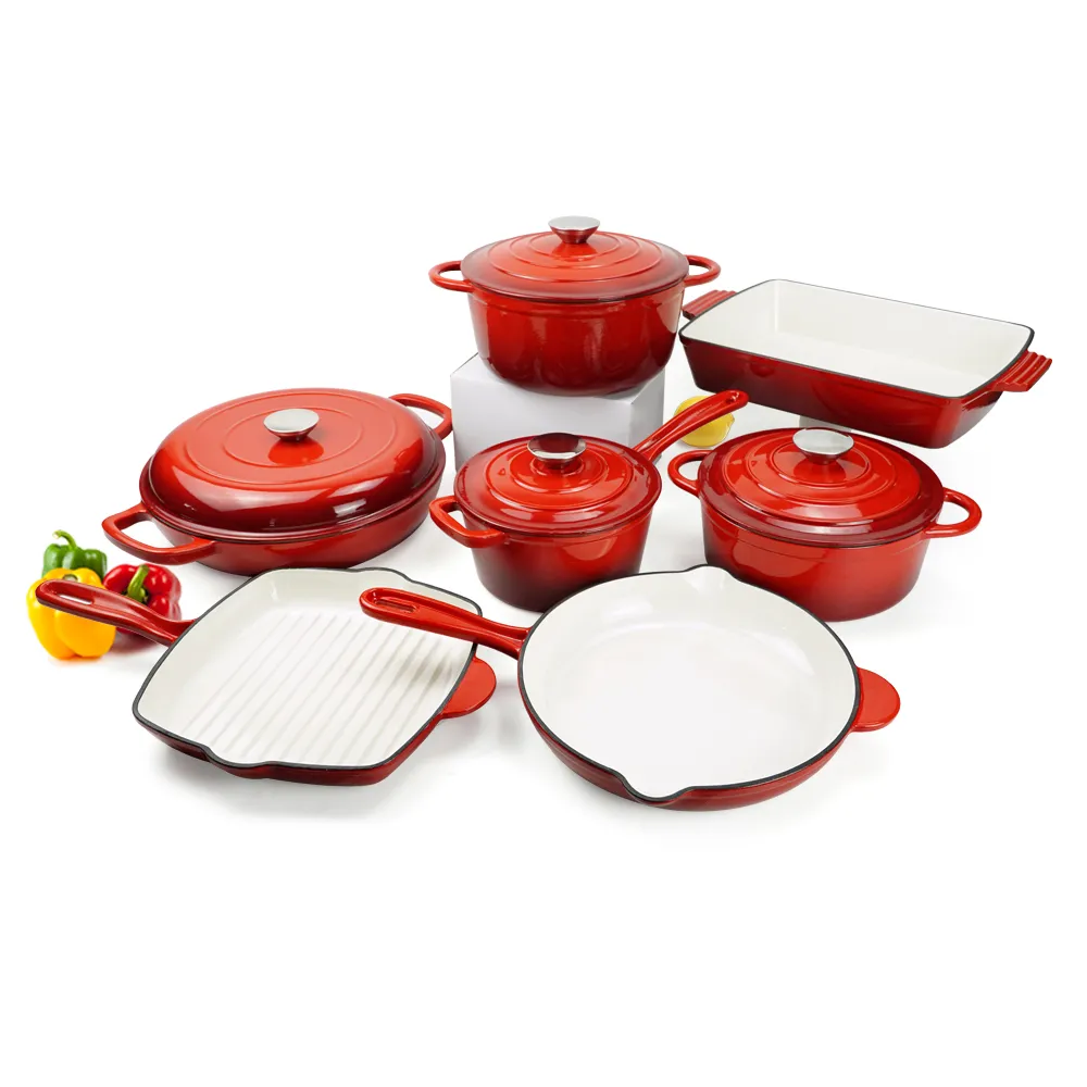 Enamel cast iron cookware set,11 pieces of cookware with LIDS, frying pan, stew pot, healthy Dutch oven