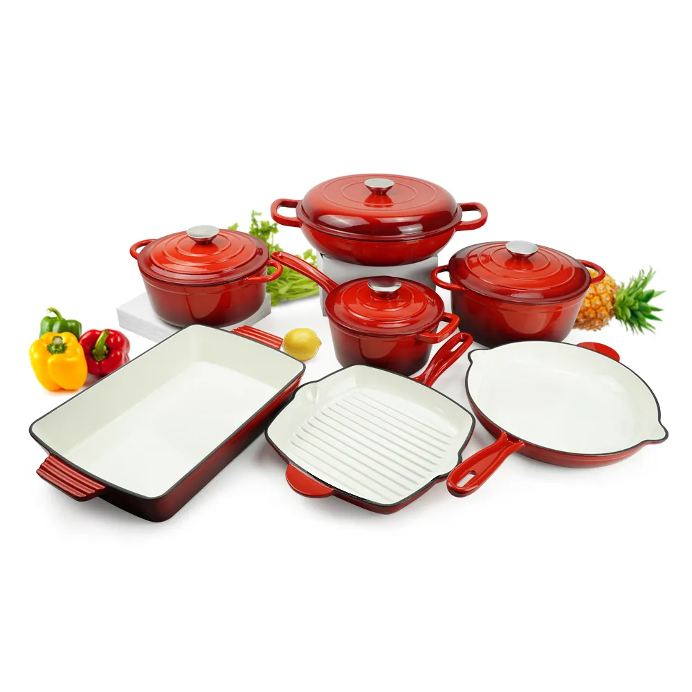 Enamel cast iron cookware set,11 pieces of cookware with LIDS, frying pan, stew pot, healthy Dutch oven