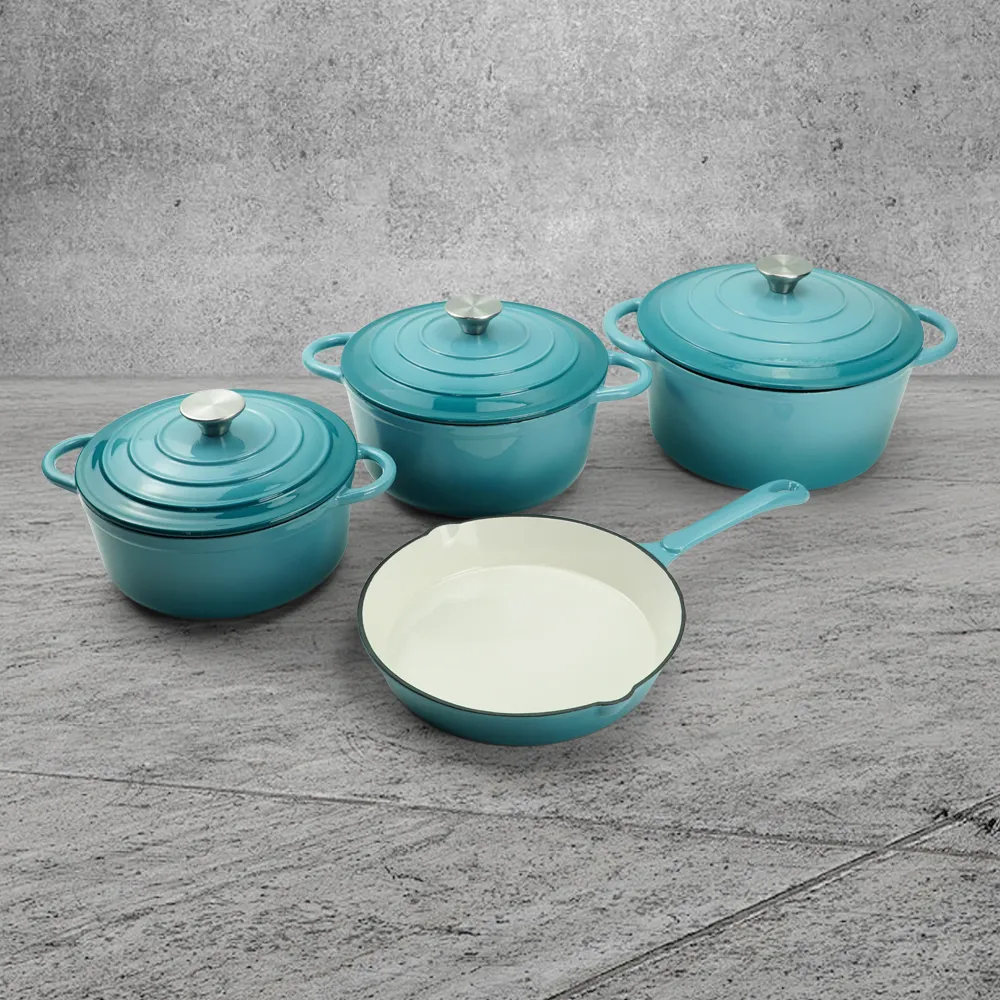 Enamel cast iron cookware set, 7 covered POTS, frying pan, stew pot, gradient blue, gradient red